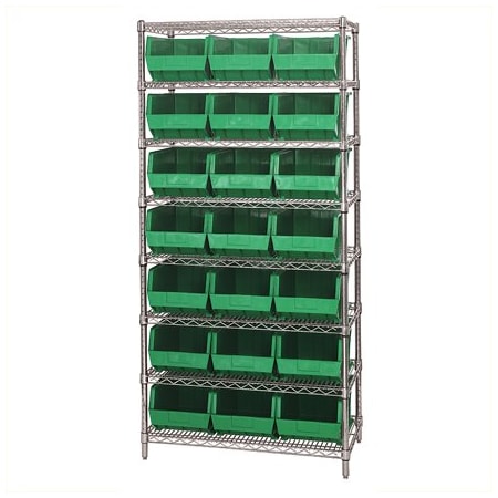 Bsc Preferred 36 x 18 x 74'' - 8 Shelf Wire Shelving Unit with 21 Green Bins WSBQ225G